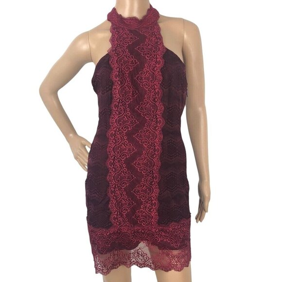 Free People Natasha Lace Halter Bodycon Mini Dress Party Formal Wine Red Size S - Picture 2 of 9